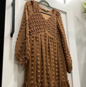 JODIFL Camel Swiss Dot Long Sleeve Dress